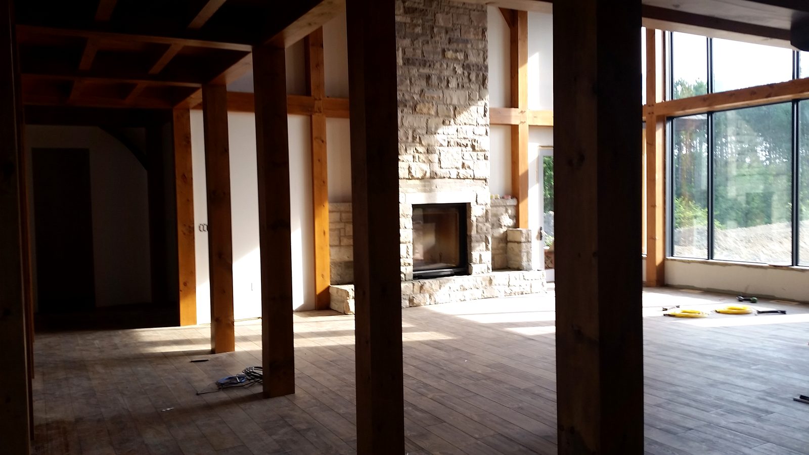 Timber-framed great room under construction